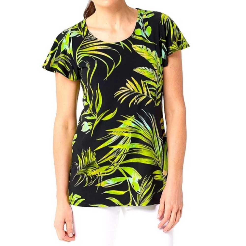 Susan Graver Liquid Knit Tropical Flutter Palm Frond Blouse Women’s Size L